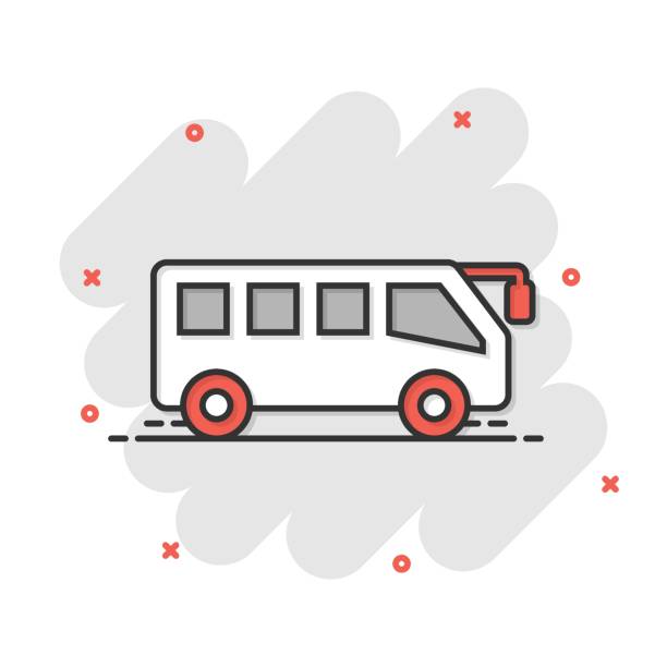 illustrations, cliparts, dessins animés et icônes de icône de bus dans le modèle comique. illustration de vecteur de dessin animé d’entraîneur sur le fond d’isolement blanc. concept d’entreprise d’effet d’éclaboussure de véhicule d’autobus. - car traffic road road sign