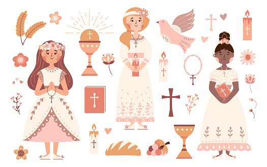 First communion vector set. Little praying girls with Bible, cross and candle. Christian religious symbols.Â ReligiousÂ catholic celebration.Â Chalice, body Christ, grape, bread.Â