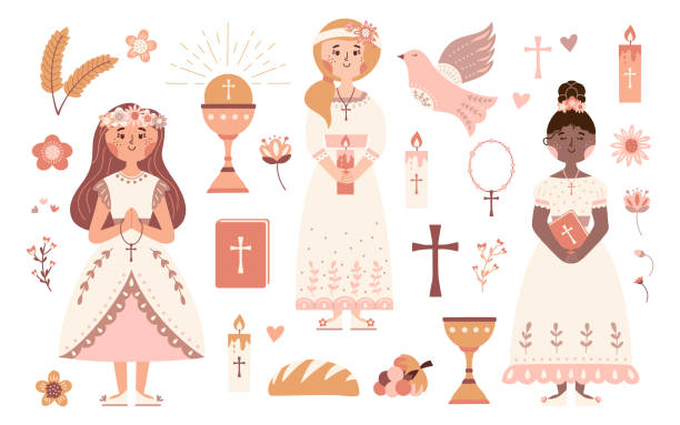 First communion vector set praying girls with Bible First communion vector set. Little praying girls with Bible, cross and candle. Christian religious symbols.Â ReligiousÂ catholic celebration.Â Chalice, body Christ, grape, bread.Â communion stock illustrations