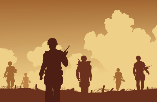 Editable vector illustration of soldiers walking on patrol