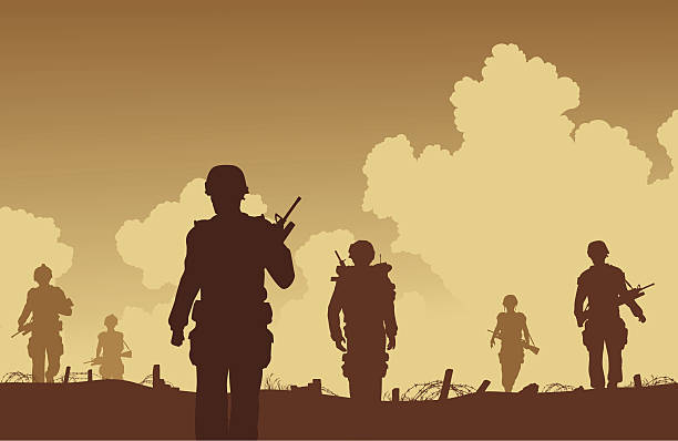 On patrol Editable vector illustration of soldiers walking on patrol war stock illustrations