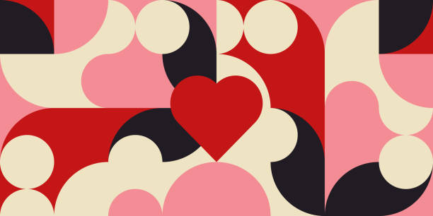 ilustrações de stock, clip art, desenhos animados e ícones de romantic vector abstract  geometric background with hearts, circles, rectangles and squares  in retro scandinavian style. pastel colored simple shapes graphic pattern. abstract mosaic artwork. - multi colored heart shape backgrounds repetition