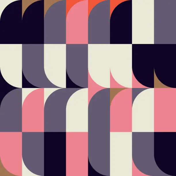 Vector illustration of Mid-century geometric abstract vector seamless pattern with simple shapes and retro color palette. Simple composition for web design, branding, invitations, posters, textile and wallpaper.