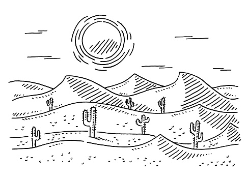 Hand-drawn vector drawing of a Desert Landscape. Black-and-White sketch on a transparent background (.eps-file). Included files are EPS (v10) and Hi-Res JPG.