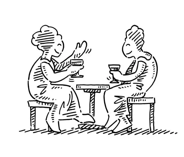 Vector illustration of Two Women Talking At Coffee Table Drawing