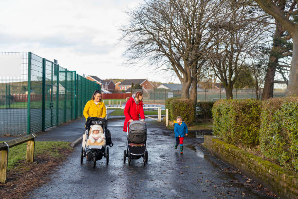 photo of funny children sitting in strollers in park