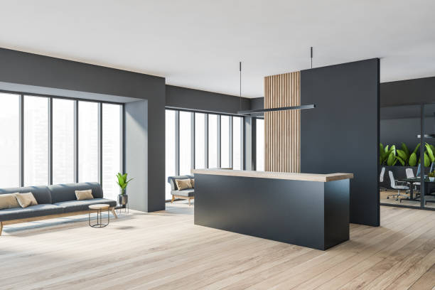 istock Dark minimalist office room interior with reception desk 1317243847