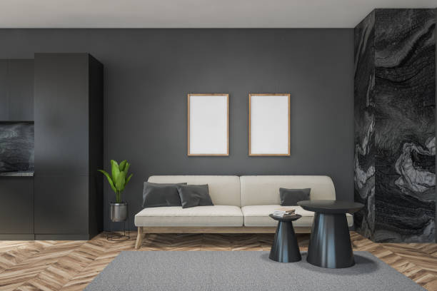 istock Dark modern living room interior with two empty blank posters 1317243993