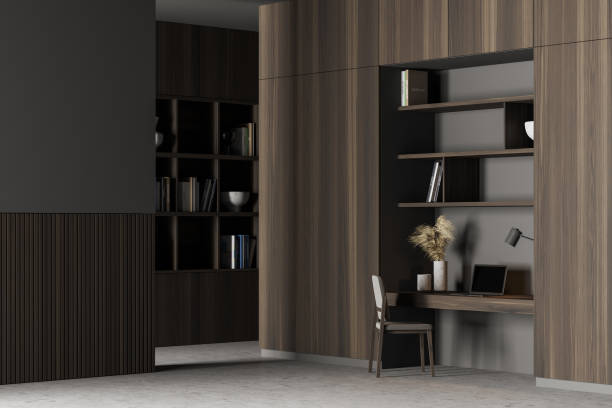 istock Home office. Cabinet interior with table, a bookshelf, a chair and computer. Work at home concept. 3d rendering. No people. 1317244299