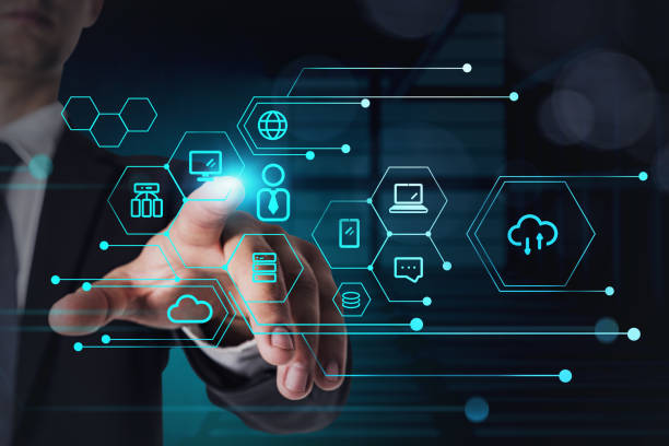 istock Businessman finger touch data symbols and network circuit 1317245035