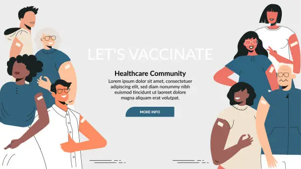 Vector illustration of Diverse people after vaccine injection concept. Banner Let's Vaccinate, healthcare campaign. Vaccination landing page template. Multicultural team, unity in diversity. Flat vector cartoon illustration