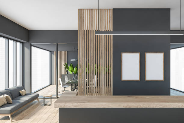 istock Dark modern minimalist office room interior with two empty poster 1317245508