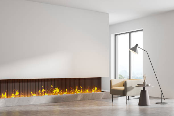 istock White room interior with fireplace, armchair and lamp, mockup 1317246200