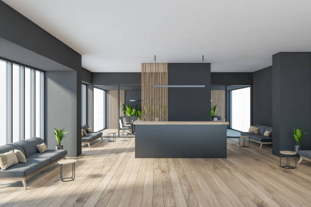 istock Dark modern minimalist office room interior with cozy couches 1317246229