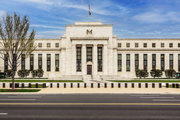 Federal Reserve Building and Blue Sky with Clouds, Washington DC, USA. stock photo