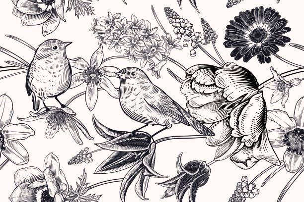 빈티지 봄 매끄러운 패턴. 사랑스러운 꽃과 귀여운 새. 흑백. 벡터 - victorian style engraved image black and white illustration and painting stock illustrations