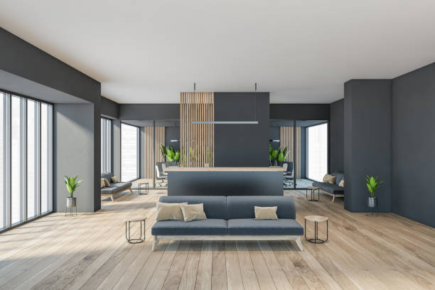 istock Dark modern minimalist office room interior with cozy grey couch 1317246464