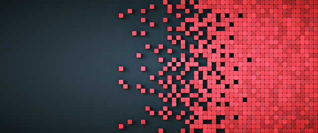 Representación de datos pixelada con formas rojas de cubo físico sobre un fondo artificial negro, composición capaz de azulejos photo