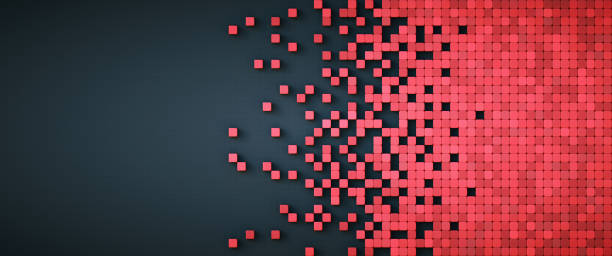 pixelated data representation with red physical cube shapes on a black artificial background, tile-able composition - pilha arranjo ilustrações imagens e fotografias de stock