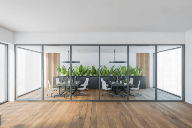 istock Bright modern minimalist office room interior with glass partition 1317246693