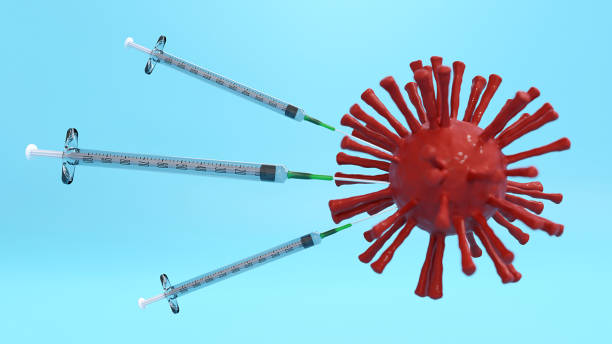 istock 3D rendering. Creative design for Covid-19 coronavirus vaccine bottles and syringe  for intramuscular injections. Corona virus (2019-nCoV virus) flu treatment drug pharmacy production concept. 1317246835