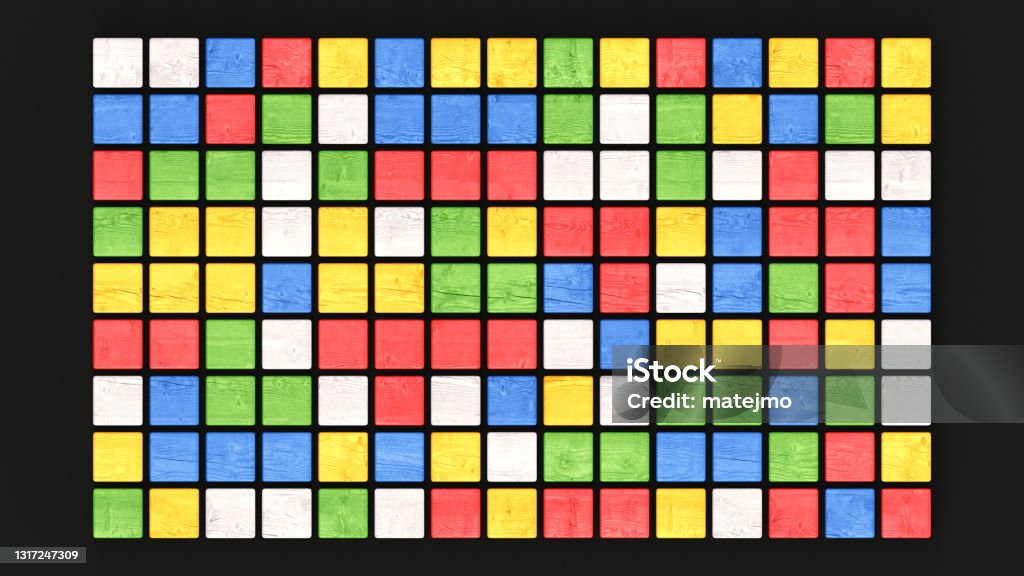 A frame made out of wooden squares aligned in a grid pattern on a black background Puzzle Cube Stock Photo