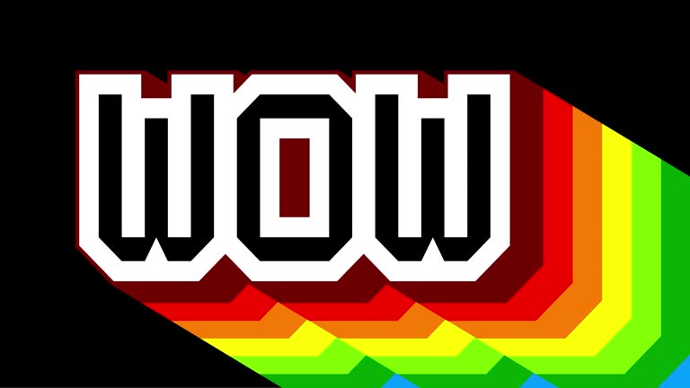 The word Wow with long layered multicolored shadow.