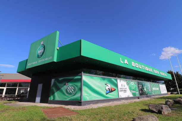 The official shop of ASSE, football team of Saint Etienne, team nicknamed "the greens The official shop of ASSE, football team of Saint Etienne, team nicknamed "the greens", next to the Geoffroy Guichard stadium, town of Saint Etienne, department of Loire, France saint étienne photos stock pictures, royalty-free photos & images