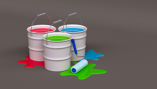 buckets of paint on a gray background - 3D rendering