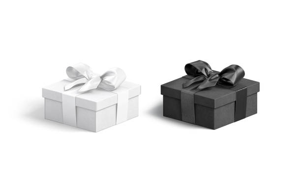 Blank black and white gift box with ribbon bow mockup, 3d rendering. Empty handmade cardboard case for care package mock up, isolated, half-turned view. Clear decorative prize pack template.
