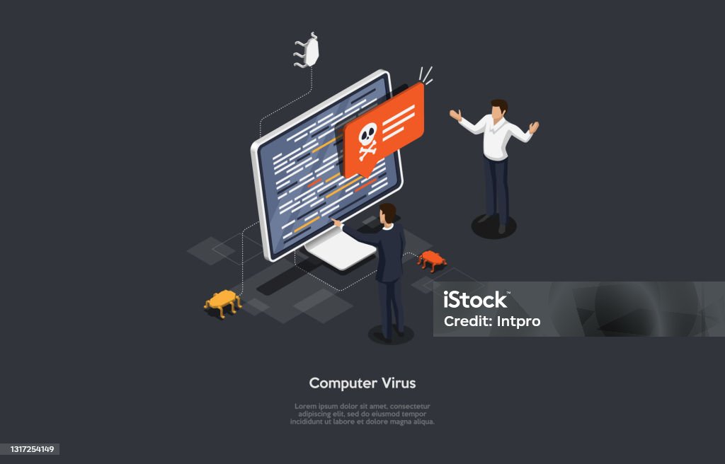 Dangerus Computer Cartoon Conceptual Illustration On Computer Internet Virus Idea Characters ...