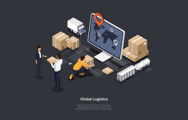 Isometric 3D Vector Illustration On Dark Background With Writing. Cartoon Composition, Global Logistics And Cargo Shipping Concept. Computer Monitor, Warehouse Items, Lorry, Cardboard Boxes And People Isometric 3D Vector Illustration On Dark Background With Writing. Cartoon Composition, Global Logistics And Cargo Shipping Concept. Computer Monitor, Warehouse Items, Lorry, Cardboard Boxes And People. freight transportation illustrations stock illustrations