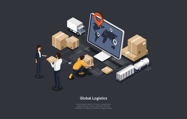 Isometric 3D Vector Illustration On Dark Background With Writing. Cartoon Composition, Global Logistics And Cargo Shipping Concept. Computer Monitor, Warehouse Items, Lorry, Cardboard Boxes And People Isometric 3D Vector Illustration On Dark Background With Writing. Cartoon Composition, Global Logistics And Cargo Shipping Concept. Computer Monitor, Warehouse Items, Lorry, Cardboard Boxes And People. global logistics infographic stock illustrations