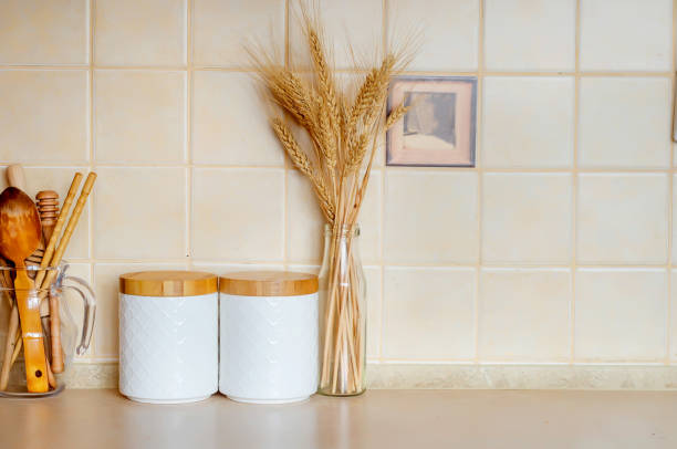 istock white jars for cereals  in Scandinavian style. Eco friendly kitchen utensils and decoration, 1317257391