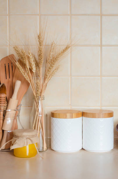 istock white jars for cereals  in Scandinavian style. Eco friendly kitchen utensils and decoration, 1317257406