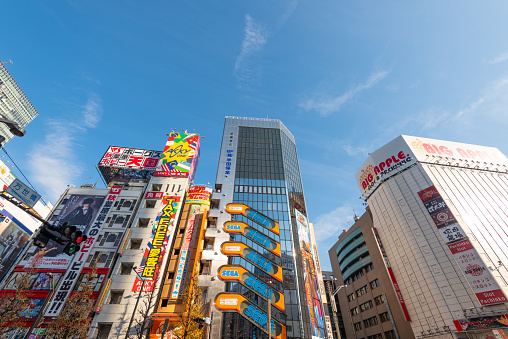 Tokyo, Japan - January 8, 2016: Street view of  Akihabara district in Tokyo, Japan.  Akihabara district is a shopping area for video games, anime, manga, and computer goods.