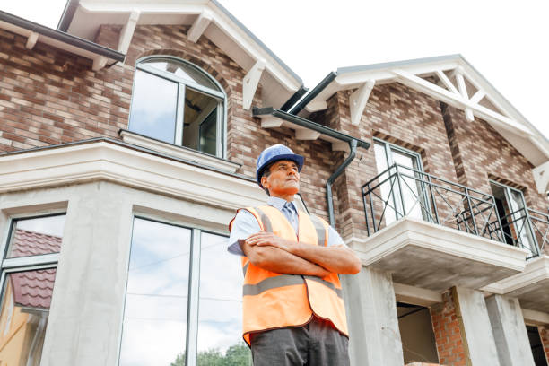 istock senior handsome indian worker in vest with blue helmet on head in construction process with arms crossed. 1317259015