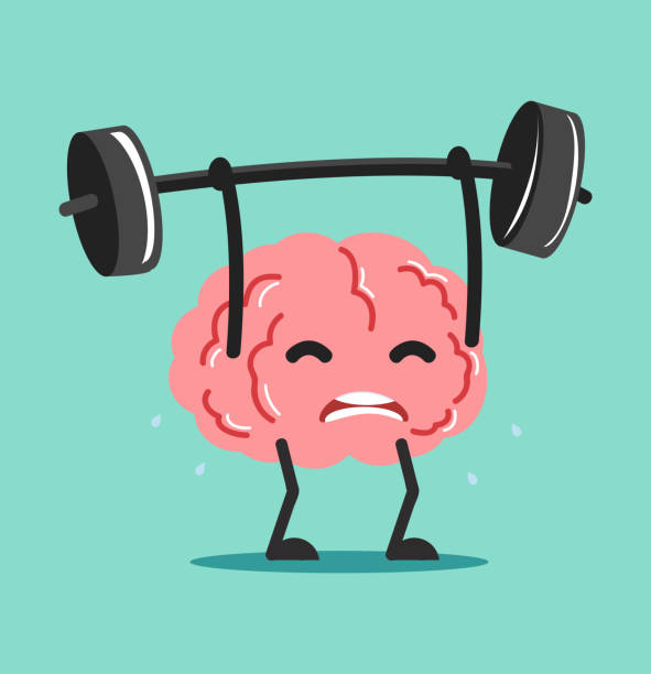 ilustraciones, imágenes clip art, dibujos animados e iconos de stock de cerebro divertido levantar pesas sobre la cabeza - brain gym