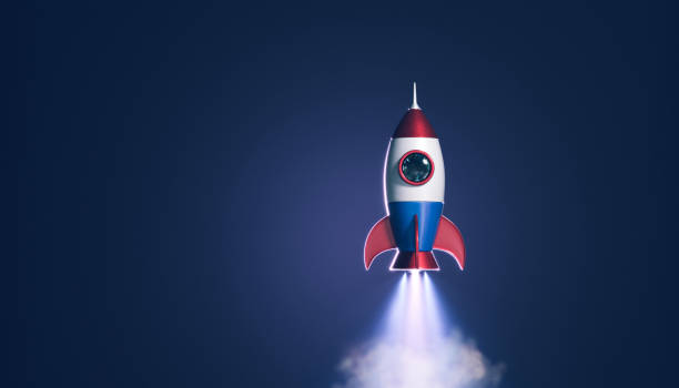 파란색 배경에 로켓 - 3d 렌더링 - rocket booster 이미지 뉴스 사진 이미지