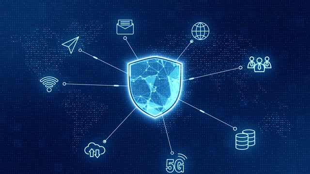 Motion graphic of Blue shield with connection and data transfer to icon futuristic technology abstract background network security concept