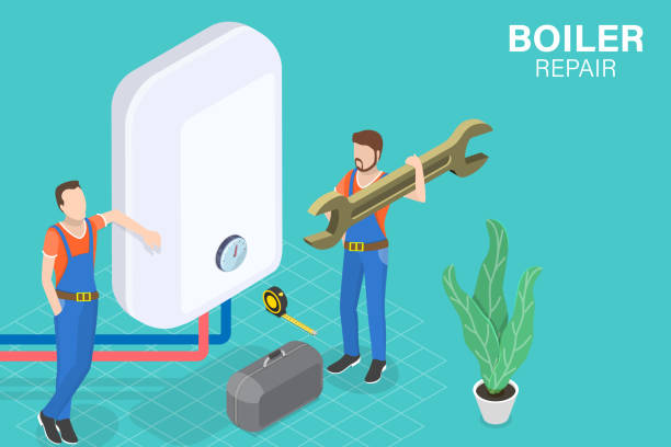 ilustrações, clipart, desenhos animados e ícones de ilustração conceitual do vetor plano isométrico 3d do reparo da caldeira - boiler water heater symbol repairing