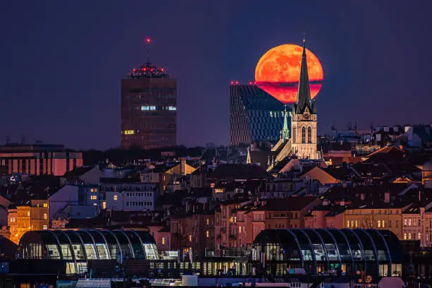 The red supermoon rising above the Church of Saint Procopius in Prague.