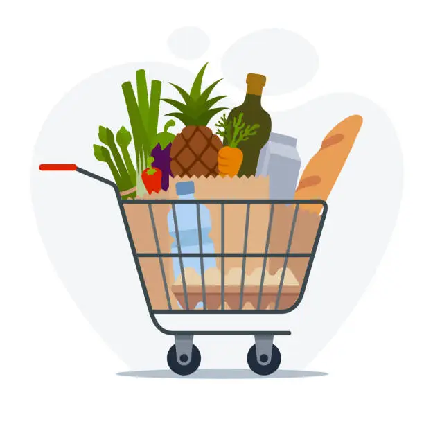 Vector illustration of Shopping cart full grocery purchase products. Foods and drinks.