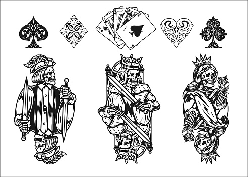 Poker elements vintage monochrome concept with royal flush of spades elegant card suits king queen and jack skeletons for playing cards isolated vector illustration