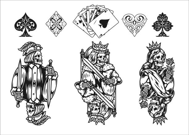 Poker elements vintage monochrome concept Poker elements vintage monochrome concept with royal flush of spades elegant card suits king queen and jack skeletons for playing cards isolated vector illustration hearts playing card illustrations stock illustrations