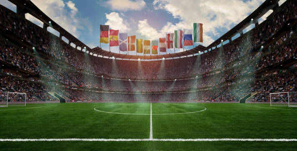 green field in soccer stadium. ready for game in the midfield Not a real stadium - a composition of several graphic elements. green field in soccer stadium. ready for game in the midfield soccer field photos stock pictures, royalty-free photos & images