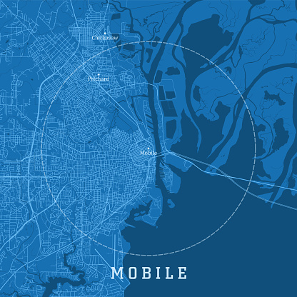 Mobile AL City Vector Road Map Blue Text. All source data is in the public domain. U.S. Census Bureau Census Tiger. Used Layers: areawater, linearwater, roads.
