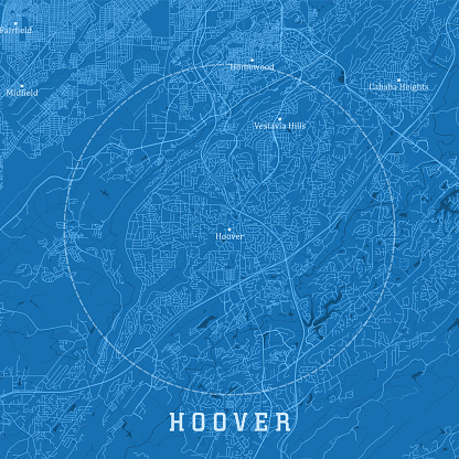 Hoover AL City Vector Road Map Blue Text. All source data is in the public domain. U.S. Census Bureau Census Tiger. Used Layers: areawater, linearwater, roads.