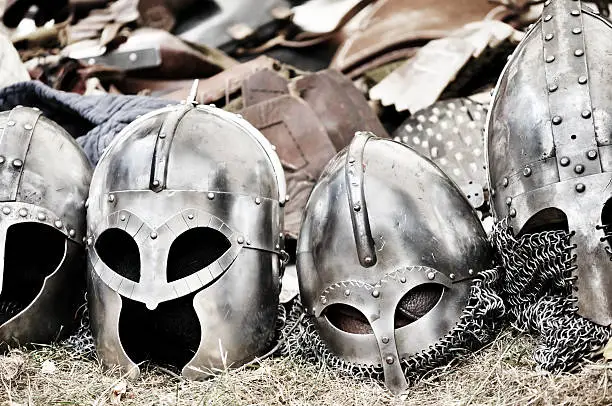Bunch of helmets and armors after the big battle