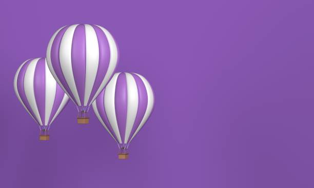 istock Three purple hot air balloons with white stripes on purple background. 3d rendering. 1317269936